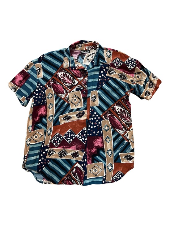 Caliche Tops - Vintage Caliché 80s 90s Abstract Geometric Print Short Sleeve Button Down Large